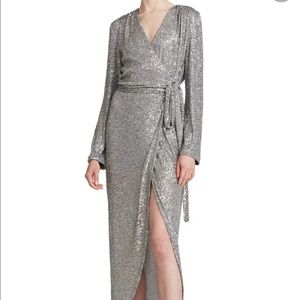Halston Falan dark silver sequin long sleeve wrap cocktail holiday dress